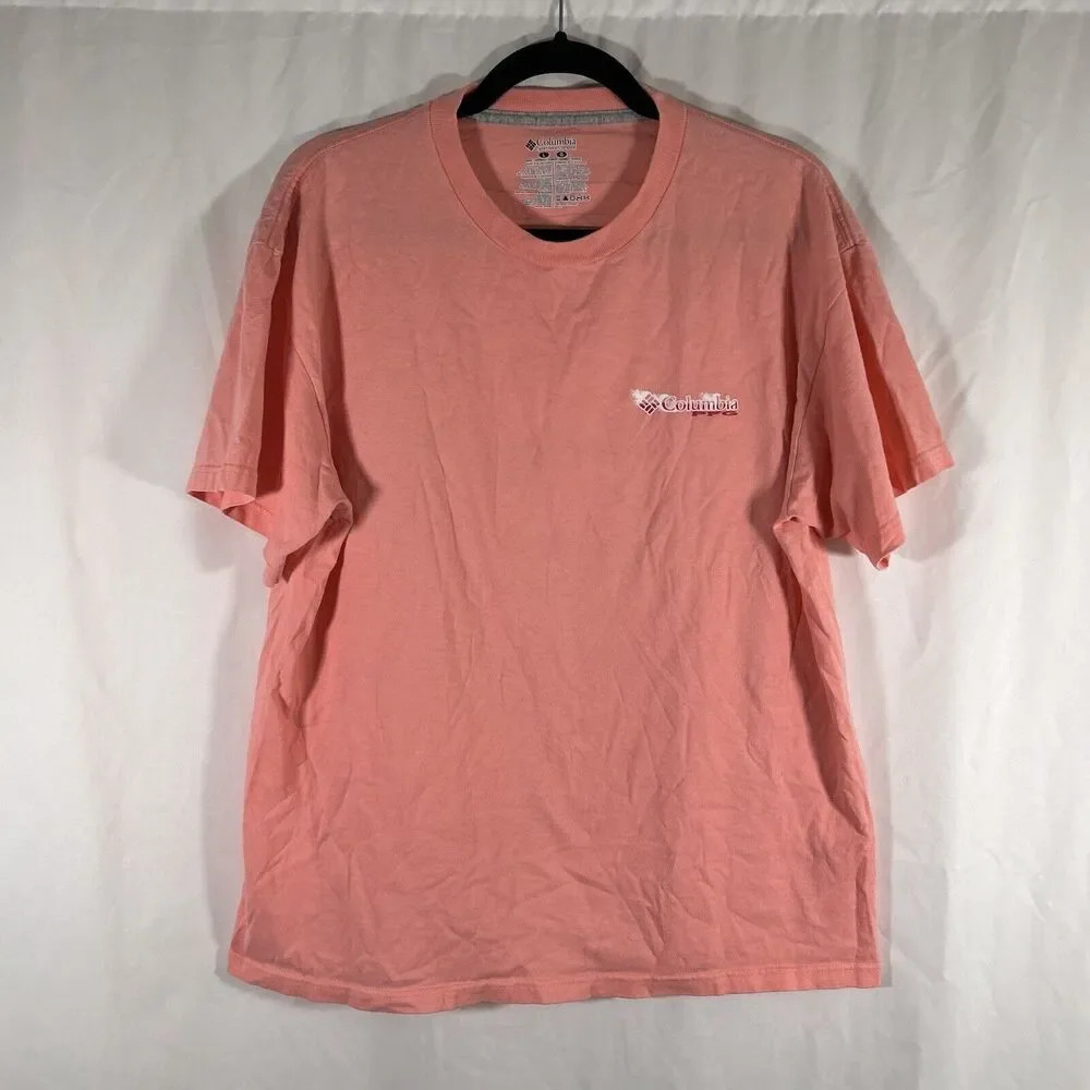 Columbia PFG Shirt Men's Large Pink Short Sleeve Crew Neck Graphic Print Cotton